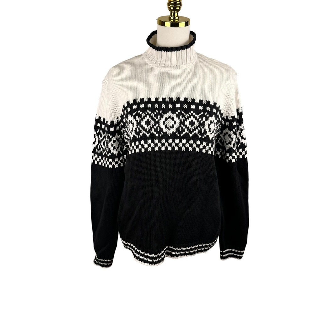 VTG Jones Wear Fair Isle Mock Turtleneck Sweater Blk White Cotton Chunky Knit XL